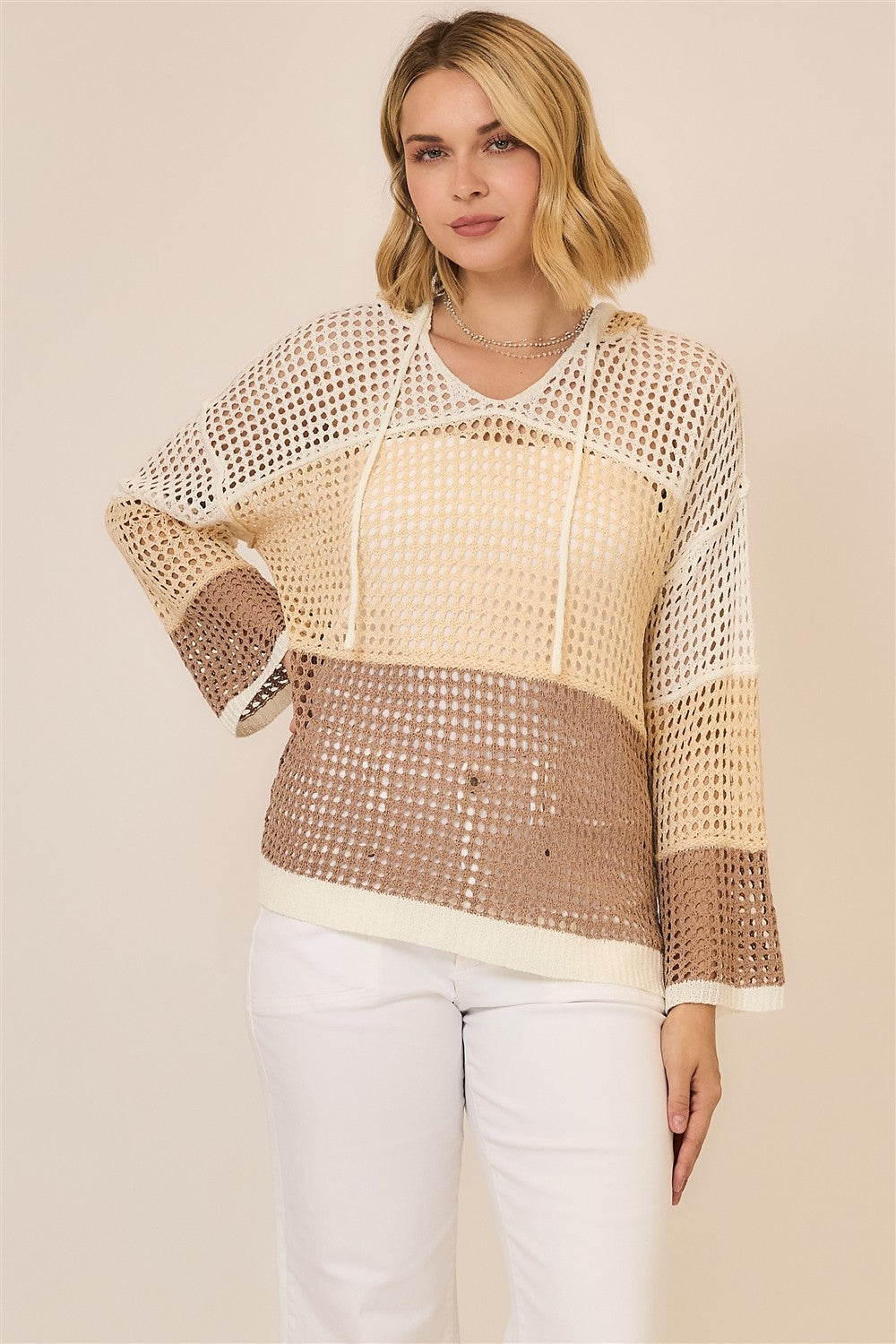 Open Knit Color Block Hood Sweater