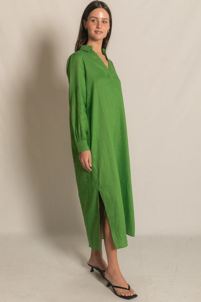 Linen Collared Long Sleeve Dress