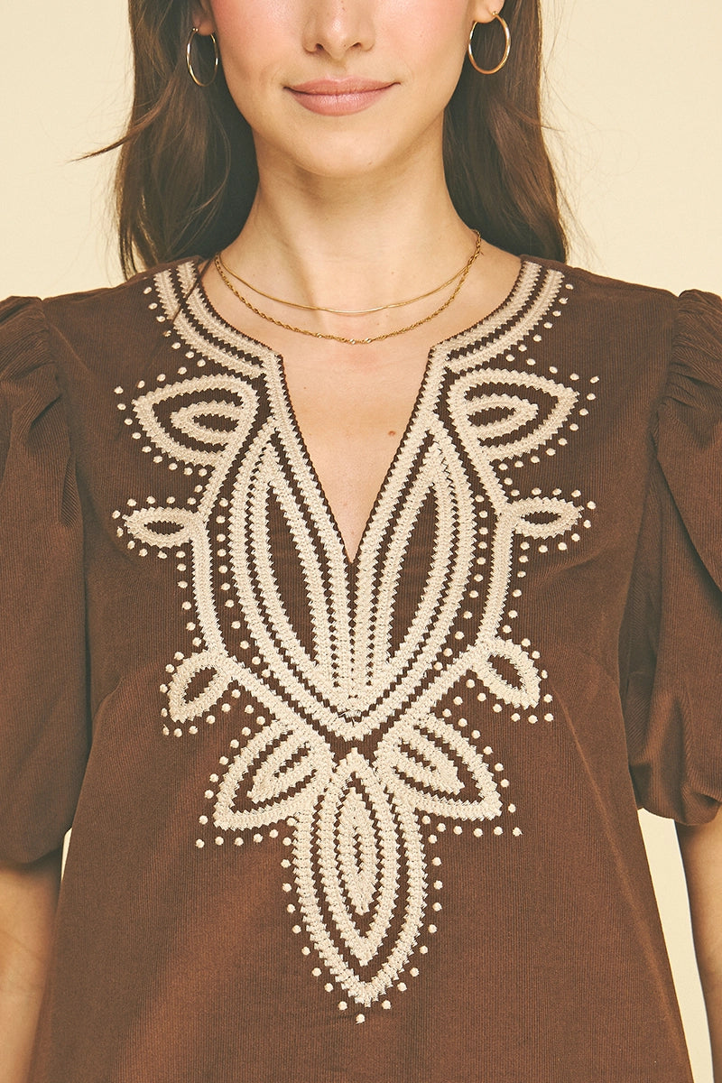 Corduroy Emboidery Detailed Mini Dress 