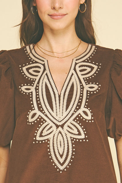 Corduroy Emboidery Detailed Mini Dress 