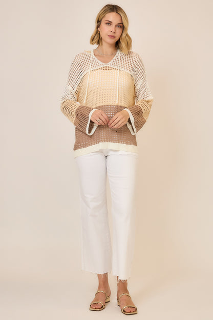 Open Knit Color Block Hood Sweater
