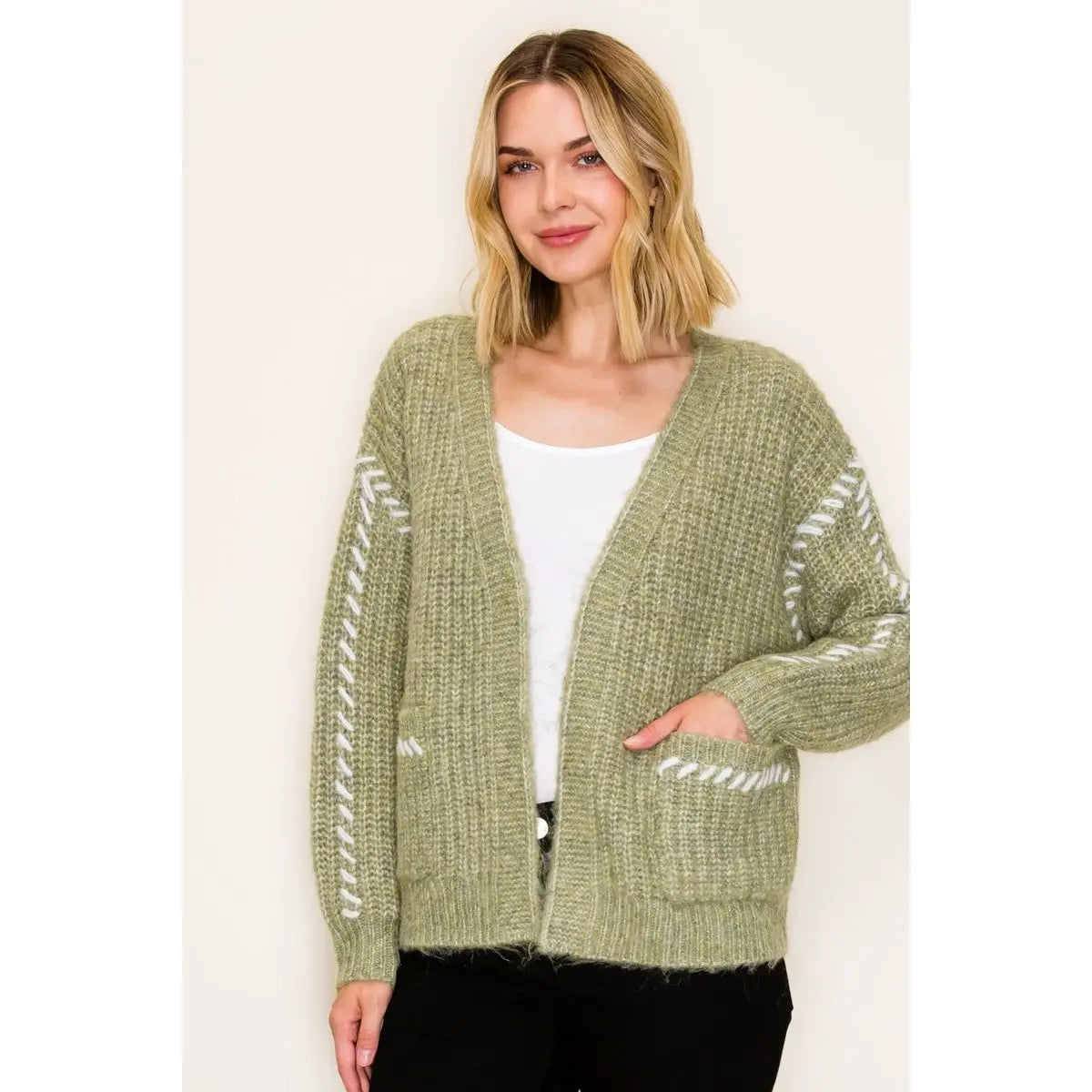 Color Contrast Stitched Sweater Cardigan