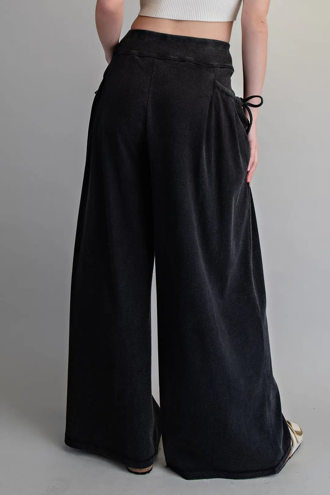 Drawstring Tie Pocket Wide Leg Ribbed Knit Pants