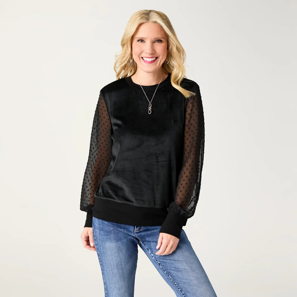 Velour Top with Swiss Dot Sleeves