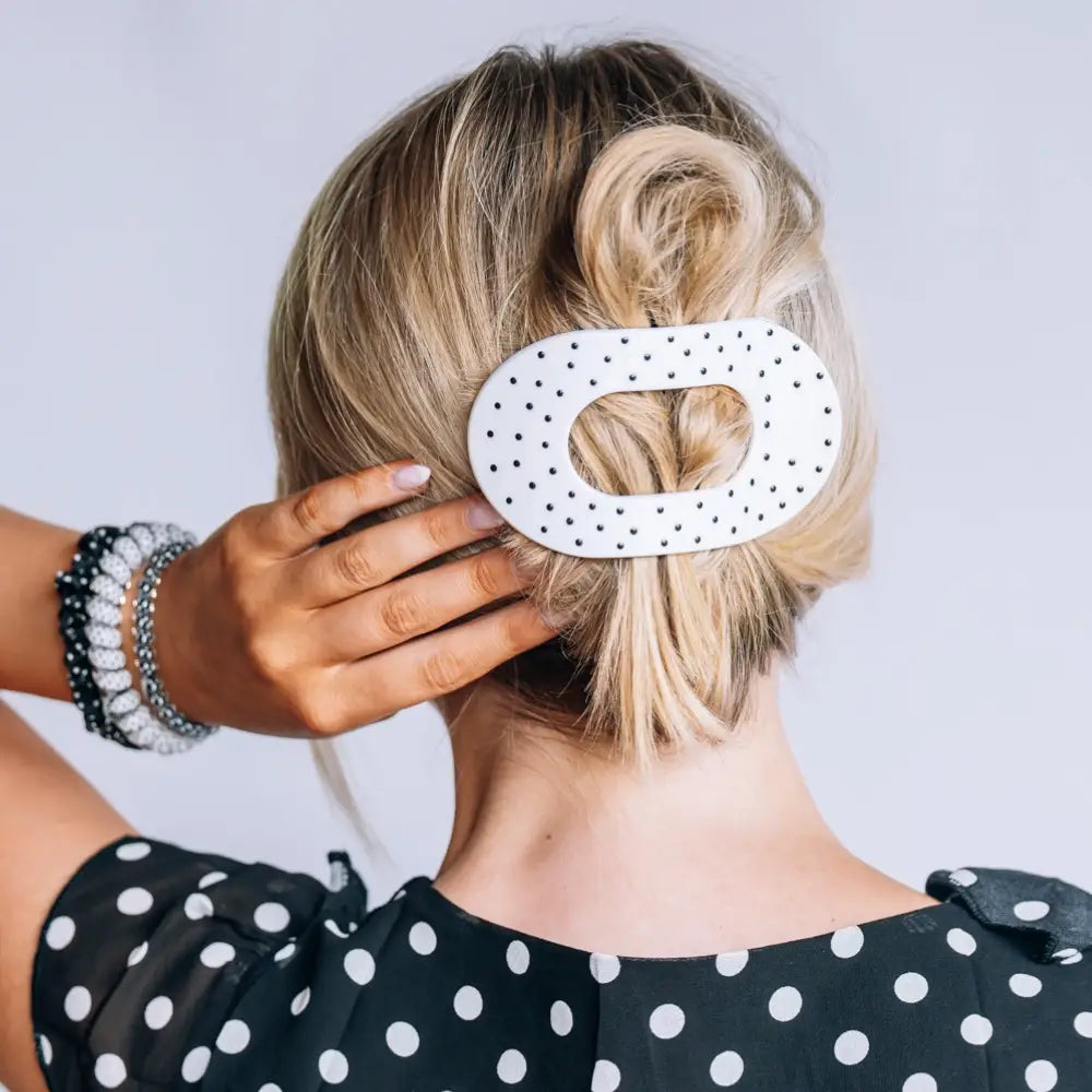 Flat Round Hair Clip | White Polka Dot Party | Medium