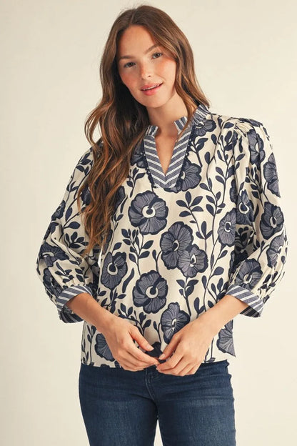 Ruffled Neckline V-Neck Floral Top