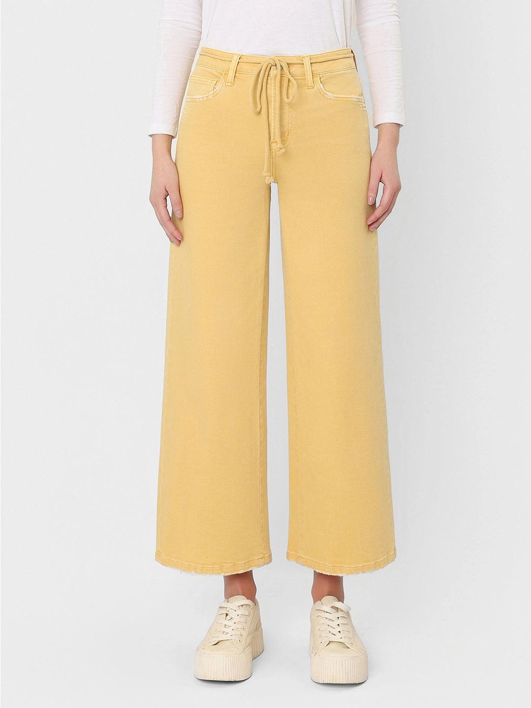 High Rise Drawstring Color Crop Wide Leg Jeans
