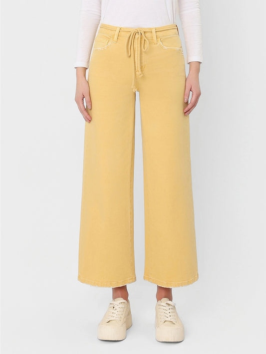 High Rise Drawstring Color Crop Wide Leg Jeans