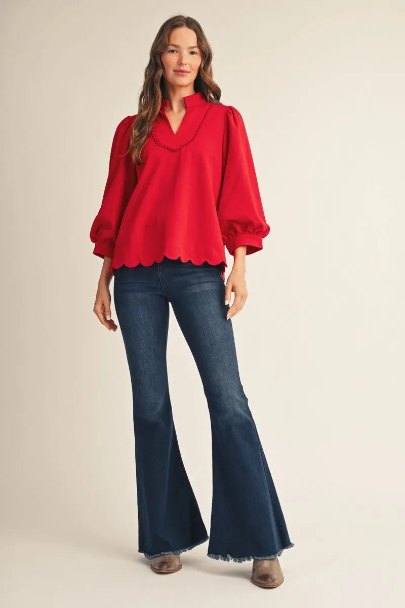 Puff Sleeve Scallop Hem Top