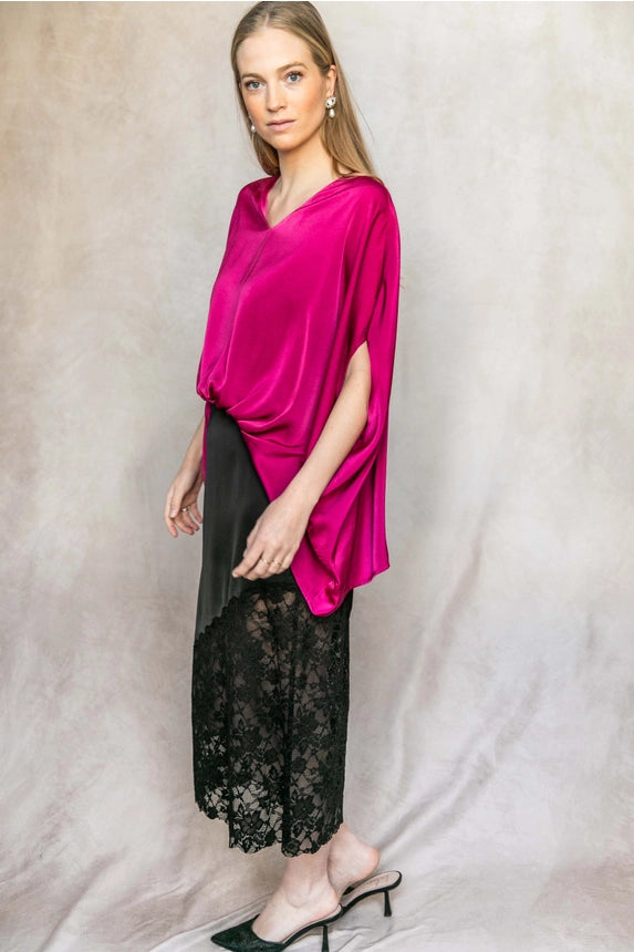 Satin Solid V-Neck Front Waist Elastic Flowy Top