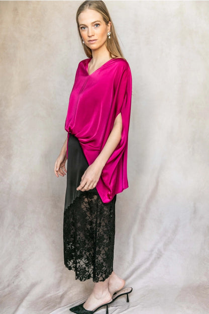 Satin Solid V-Neck Front Waist Elastic Flowy Top