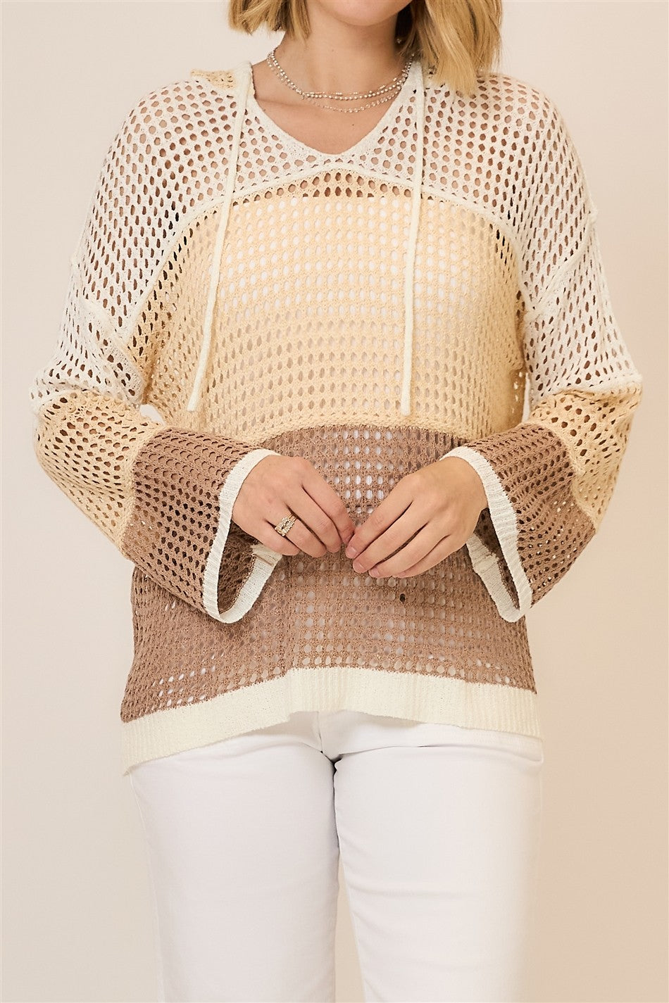 Open Knit Color Block Hood Sweater