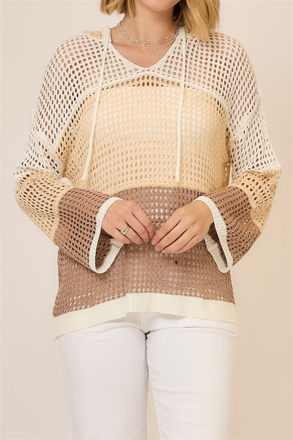 Open Knit Color Block Hood Sweater