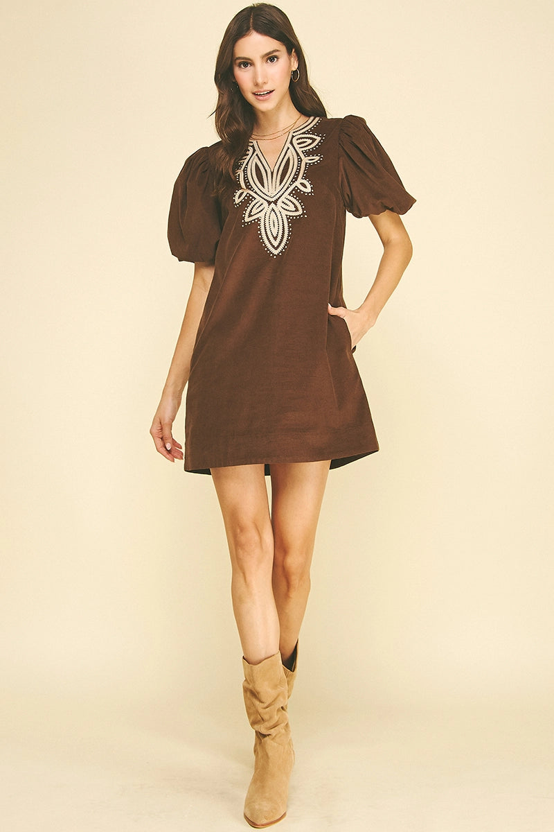 Corduroy Emboidery Detailed Mini Dress 