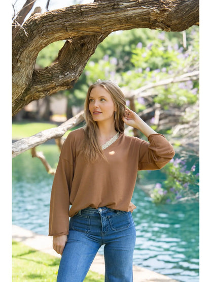 V-Neck Top with Lace Trim | 3 Colors Available