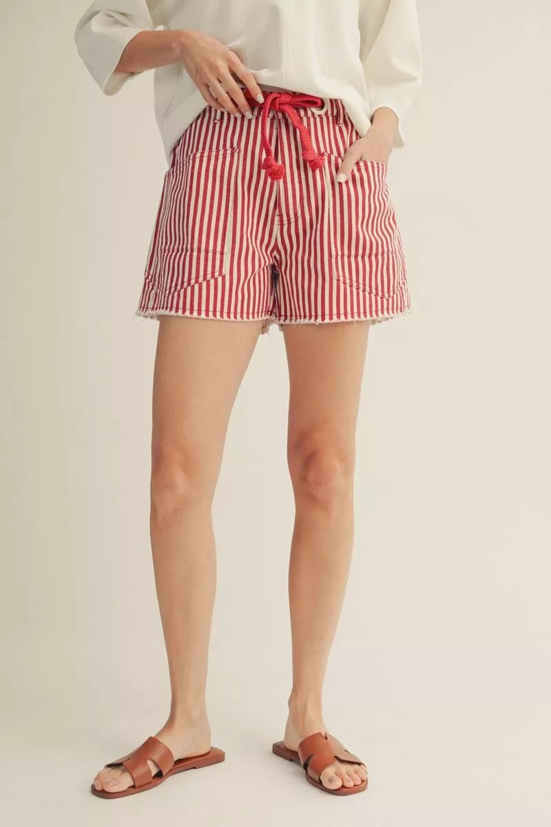 Red Drawstring Stripe Shorts