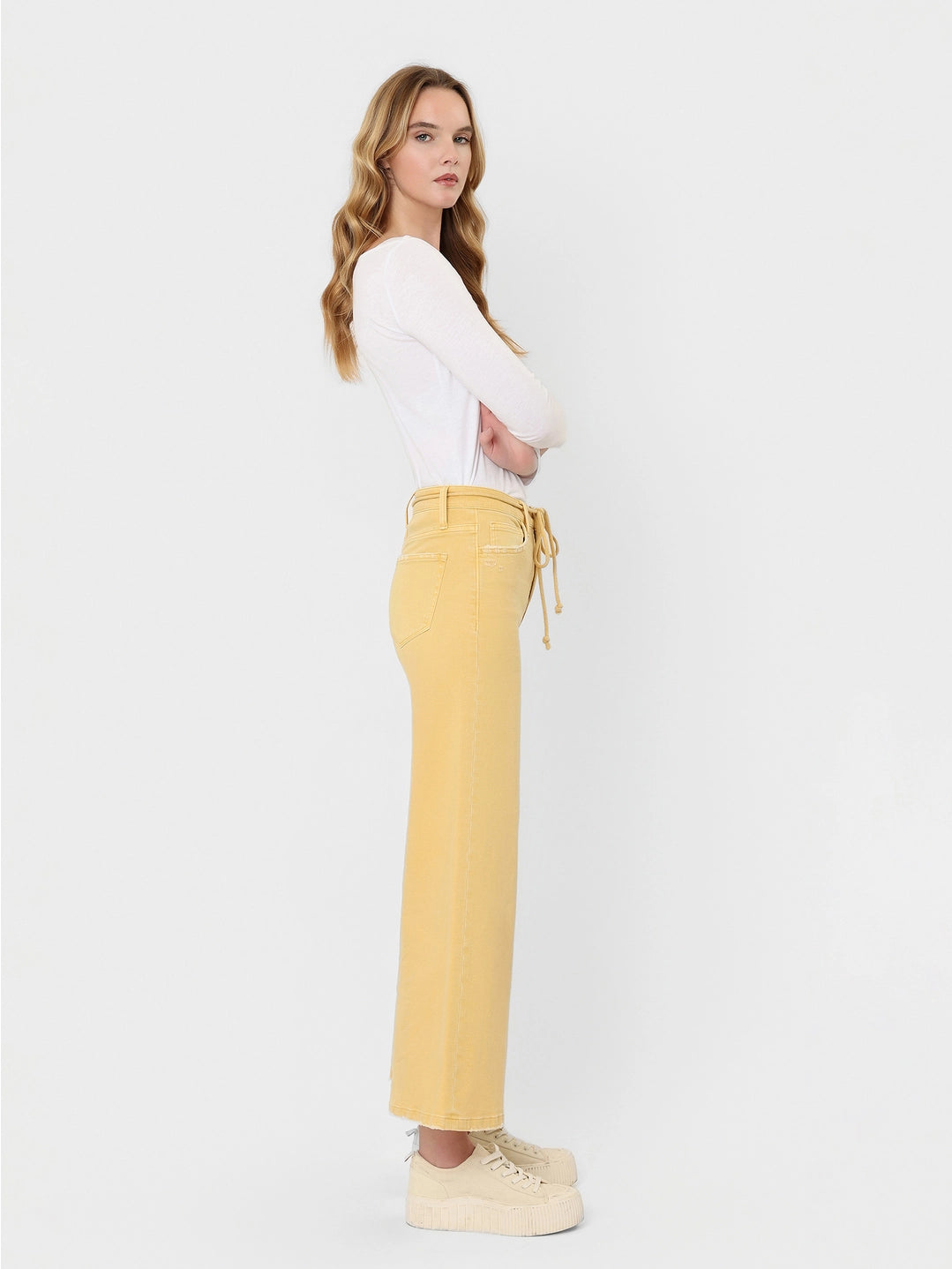High Rise Drawstring Color Crop Wide Leg Jeans
