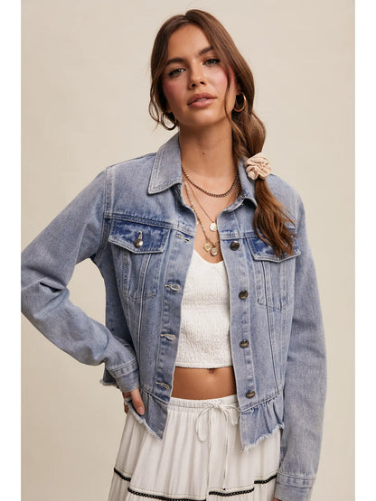 Ruffled Hem Light Denim Jacket