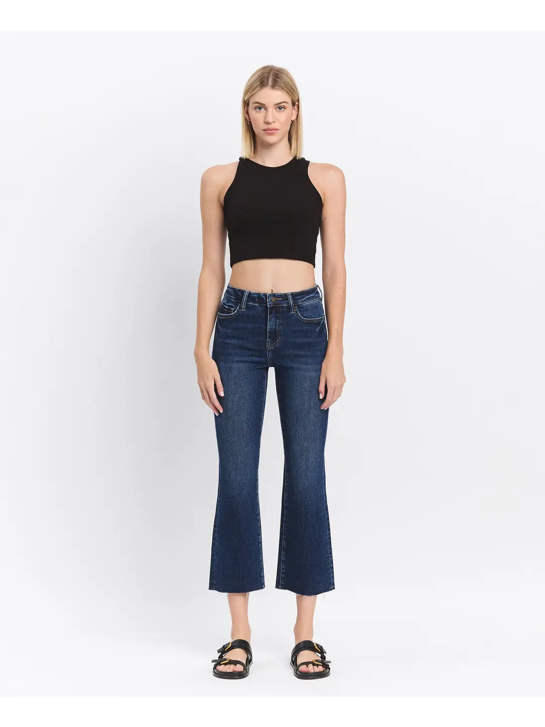 High Rise Clean Cut Raw Hem Kick Flare Jeans