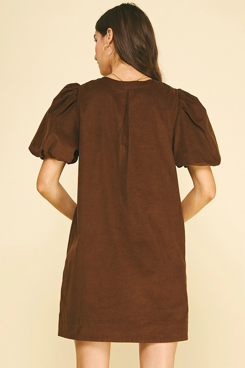 Corduroy Emboidery Detailed Mini Dress 