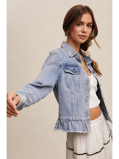 Ruffled Hem Light Denim Jacket