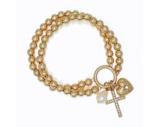 Gold Bead Crystal Cross Bracelet