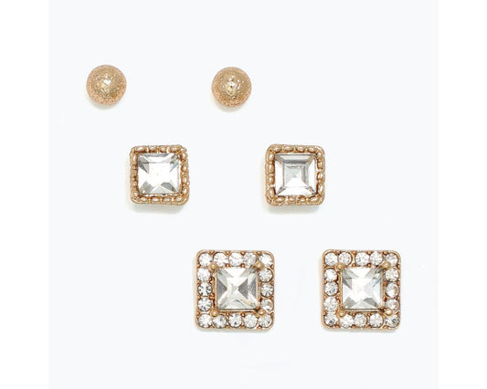 Trio Gold with Square Crystal Earrings