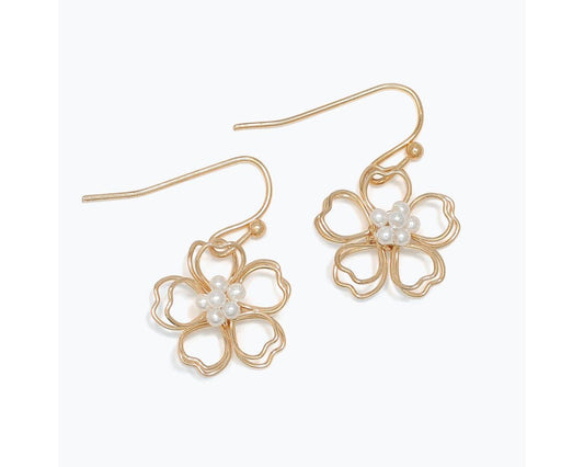 Gold Wire Flower with Pearls Earrings
