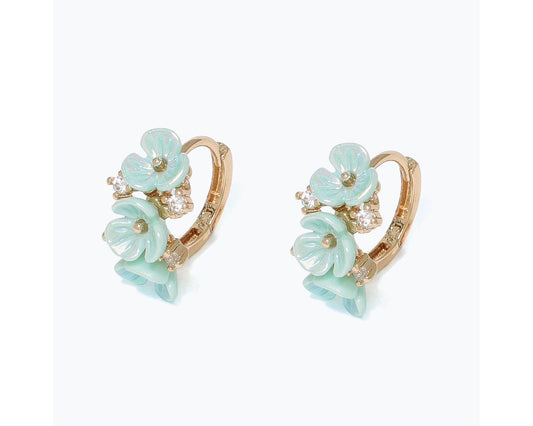 Gold and Mint Flower Hoop Earrings