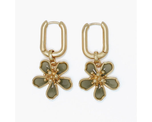 Gold Hoop Green Flower Earrings