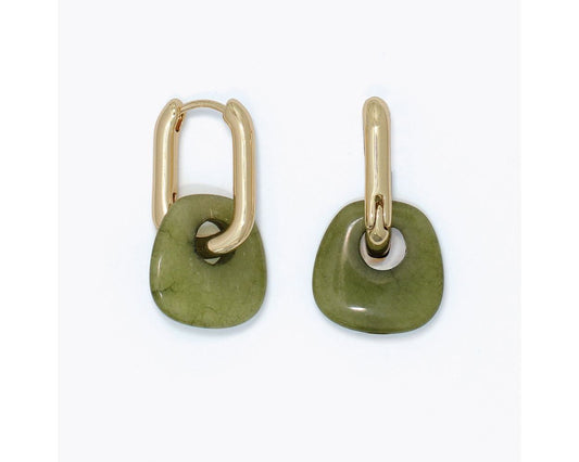Gold Hoop Green Charm Earrings