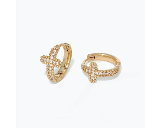 Gold Cross Huggie Cz Earrings