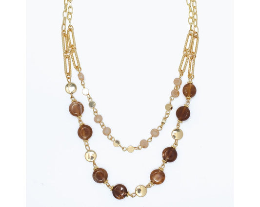 Gold and Marbled Warm Brown Rounds Necklace