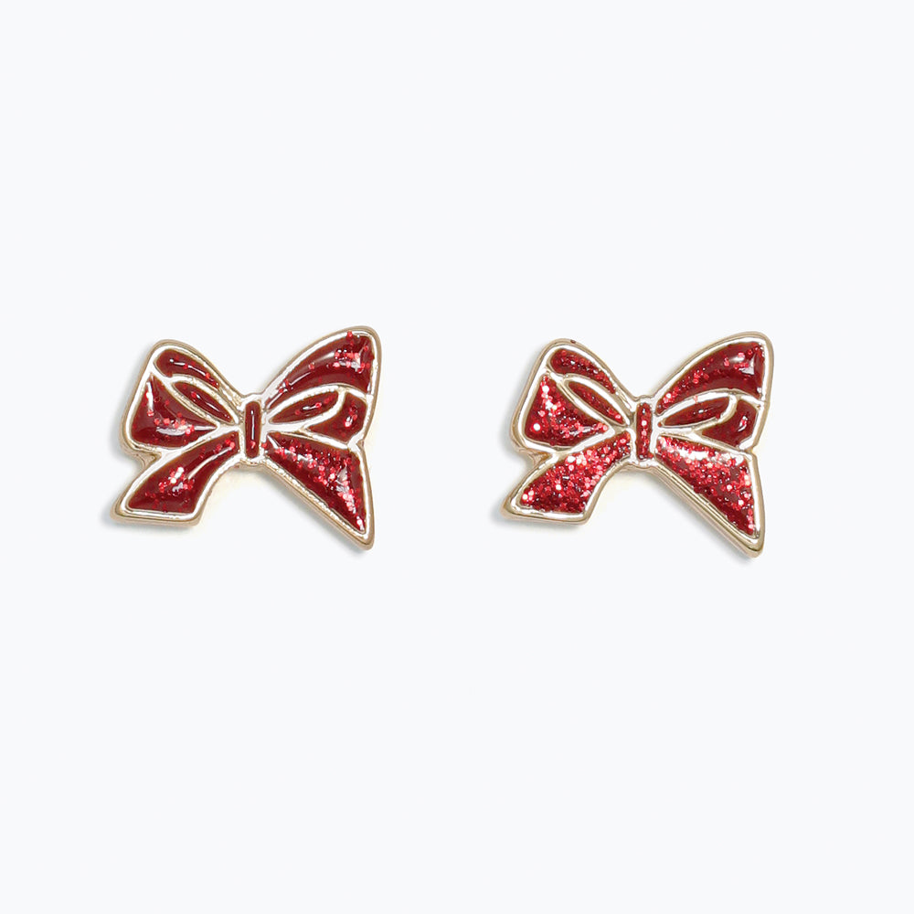 Red Glitter Bow Gold Earrings