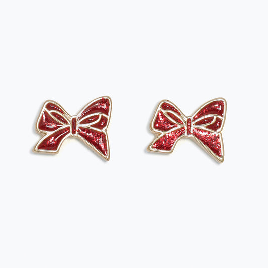 Red Glitter Bow Gold Earrings