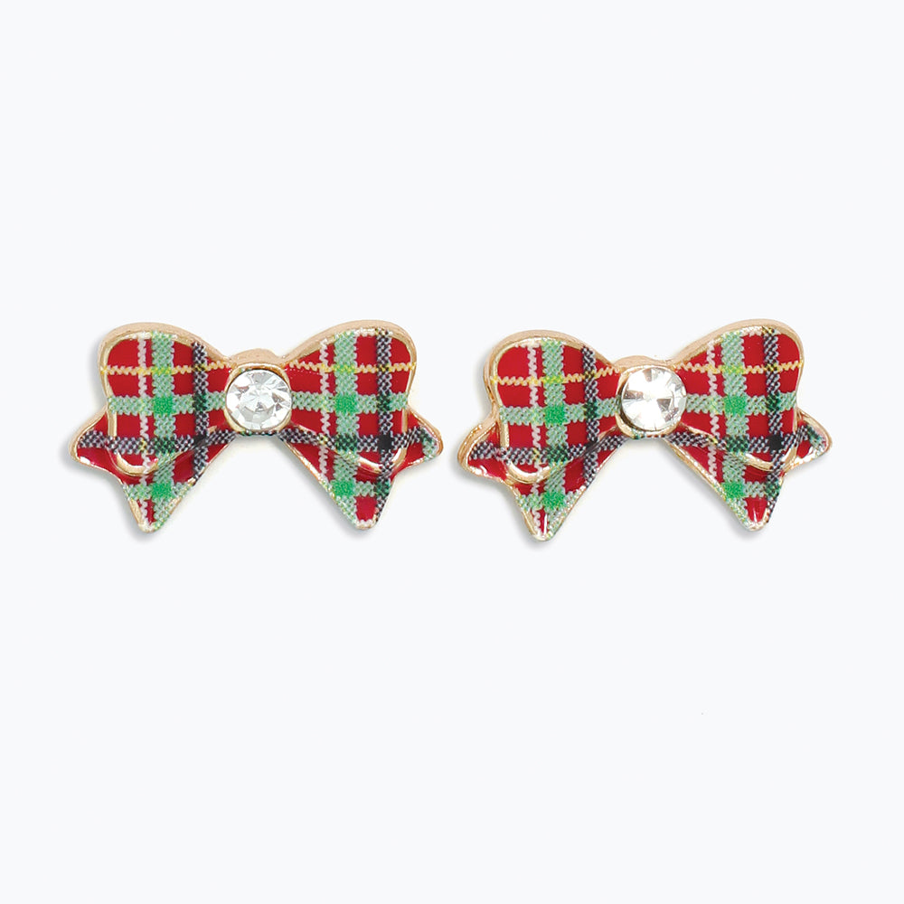 Plaid Bow Crystal Earrings