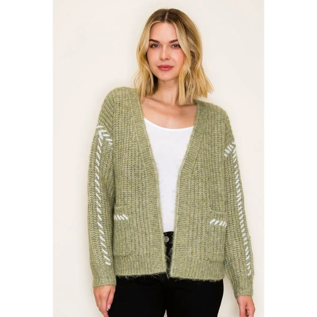 Color Contrast Stitched Sweater Cardigan