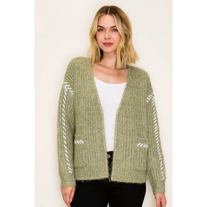 Color Contrast Stitched Sweater Cardigan