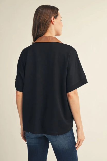 Black Top with Faux Leather Collar