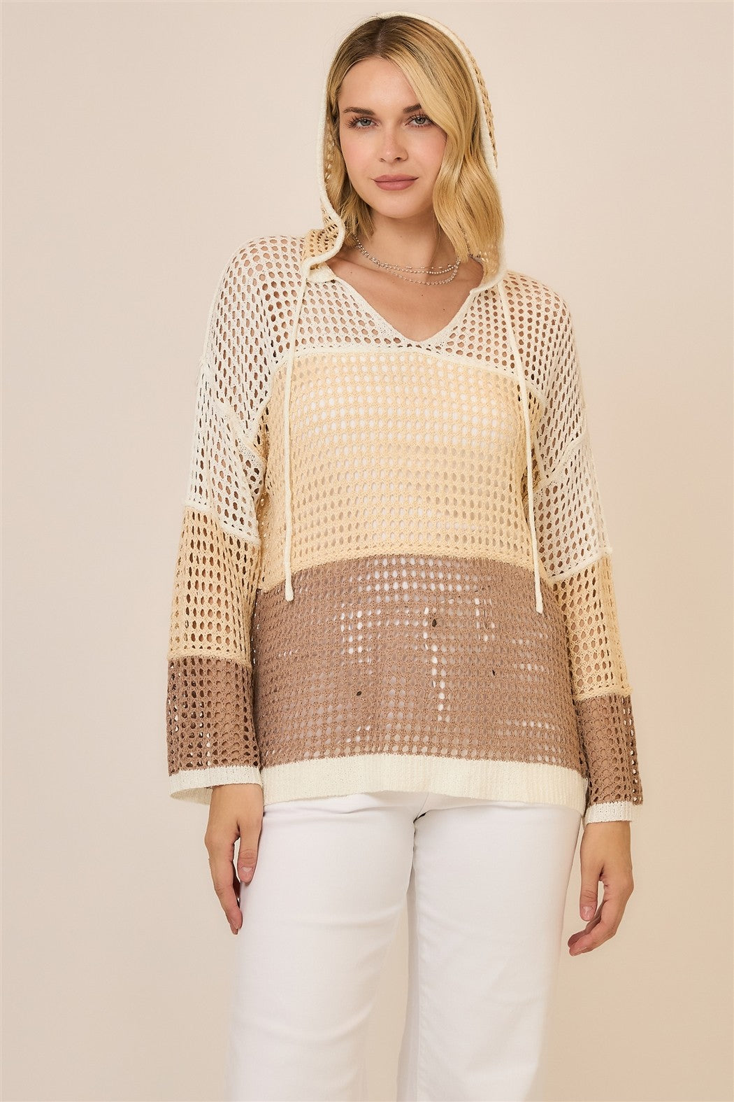 Open Knit Color Block Hood Sweater