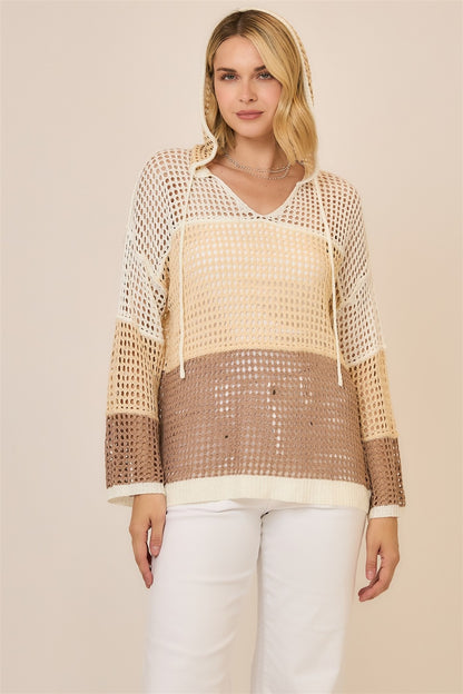 Open Knit Color Block Hood Sweater