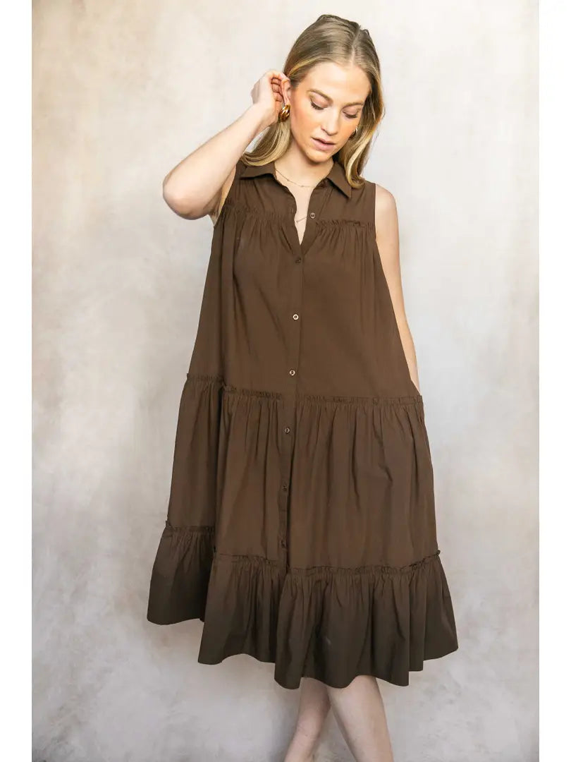 Poplin Sleeveless Button-Down Midi Dress