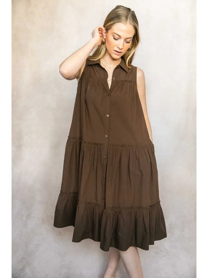 Poplin Sleeveless Button-Down Midi Dress