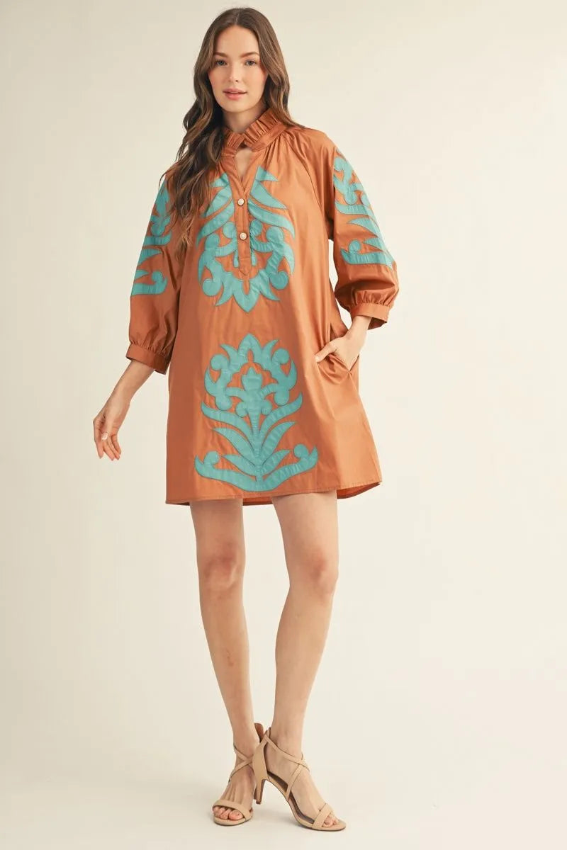 3/4 Sleeves Baroque Floral Applique Shift Dress