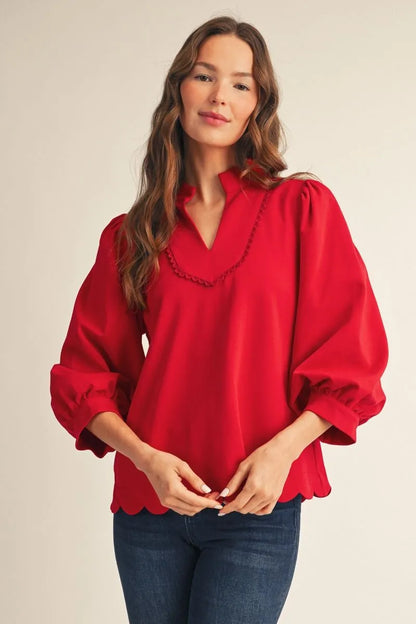 Puff Sleeve Scallop Hem Top
