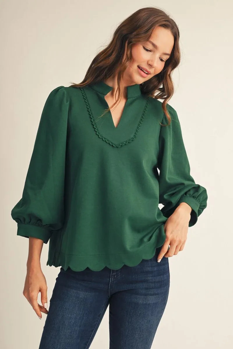 Puff Sleeve Scallop Hem Top