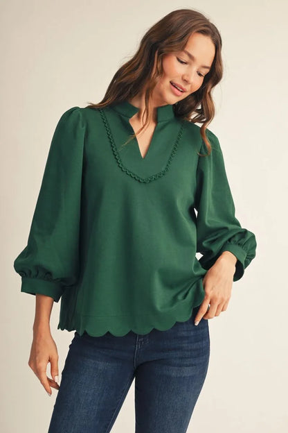 Puff Sleeve Scallop Hem Top