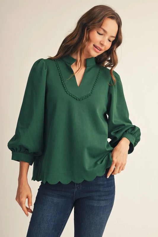 Puff Sleeve Scallop Hem Top