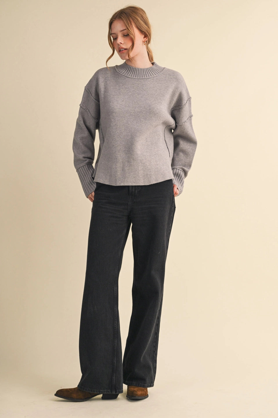 Drop Shoulder Long Sleeve Ribbed Sweater