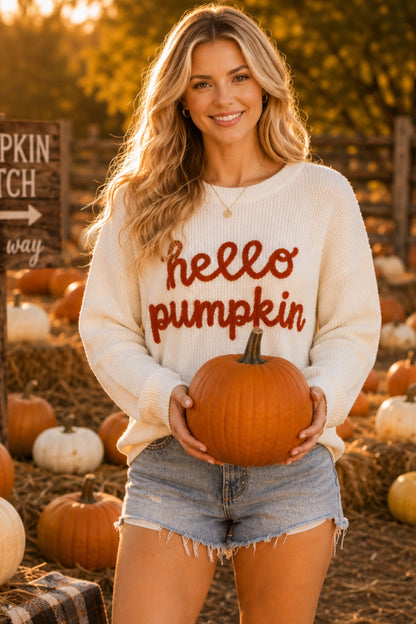 Hello Pumpkin Embroidered Knit Sweater